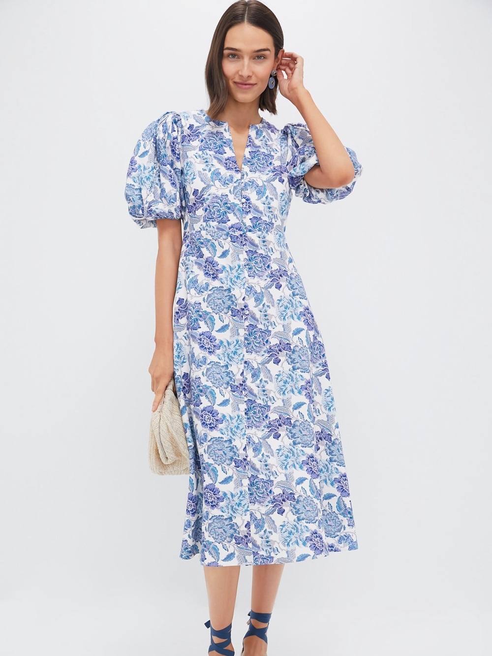 TUCKERNUCK HYACINTH HOUSE Steel Blue Floral whimsical Brody Midi Dress